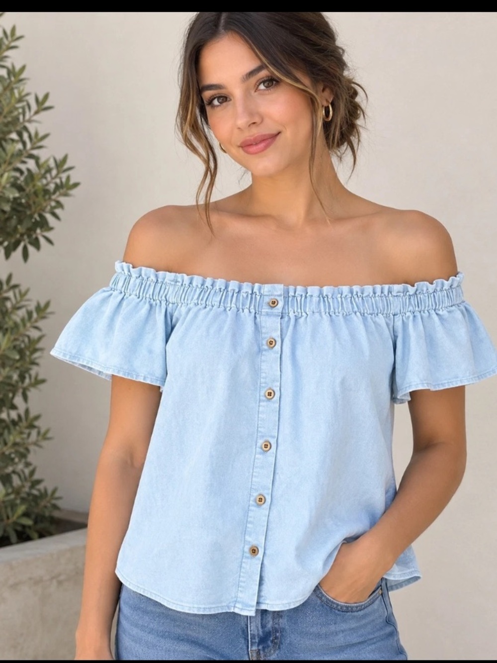 Blue Denim Off-Shoulder Ruffle Button-Front Top Latge